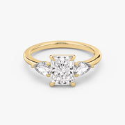 Radiant Cut - Plain Band - Three Stone Ring - 0.25 Ct Side Stone each - 14 K Gold